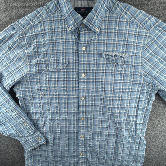Vineyard Vines Long Sleeve Harbor Shirt Blue Plaid Fishing Hiking Nylon Medium - Picture 1 of 13